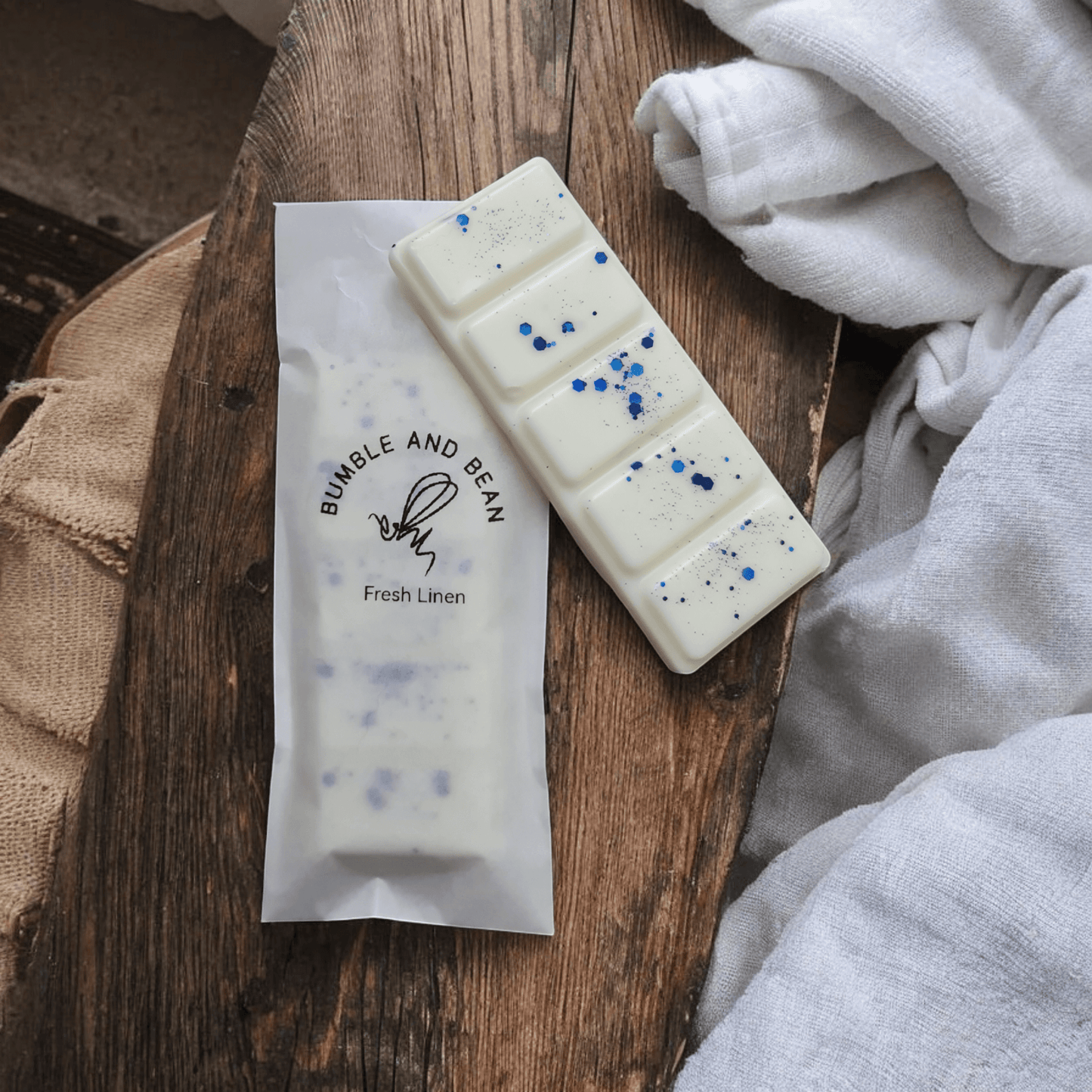 Fresh linen wax melt in biodegradable packaging for easy storage and use