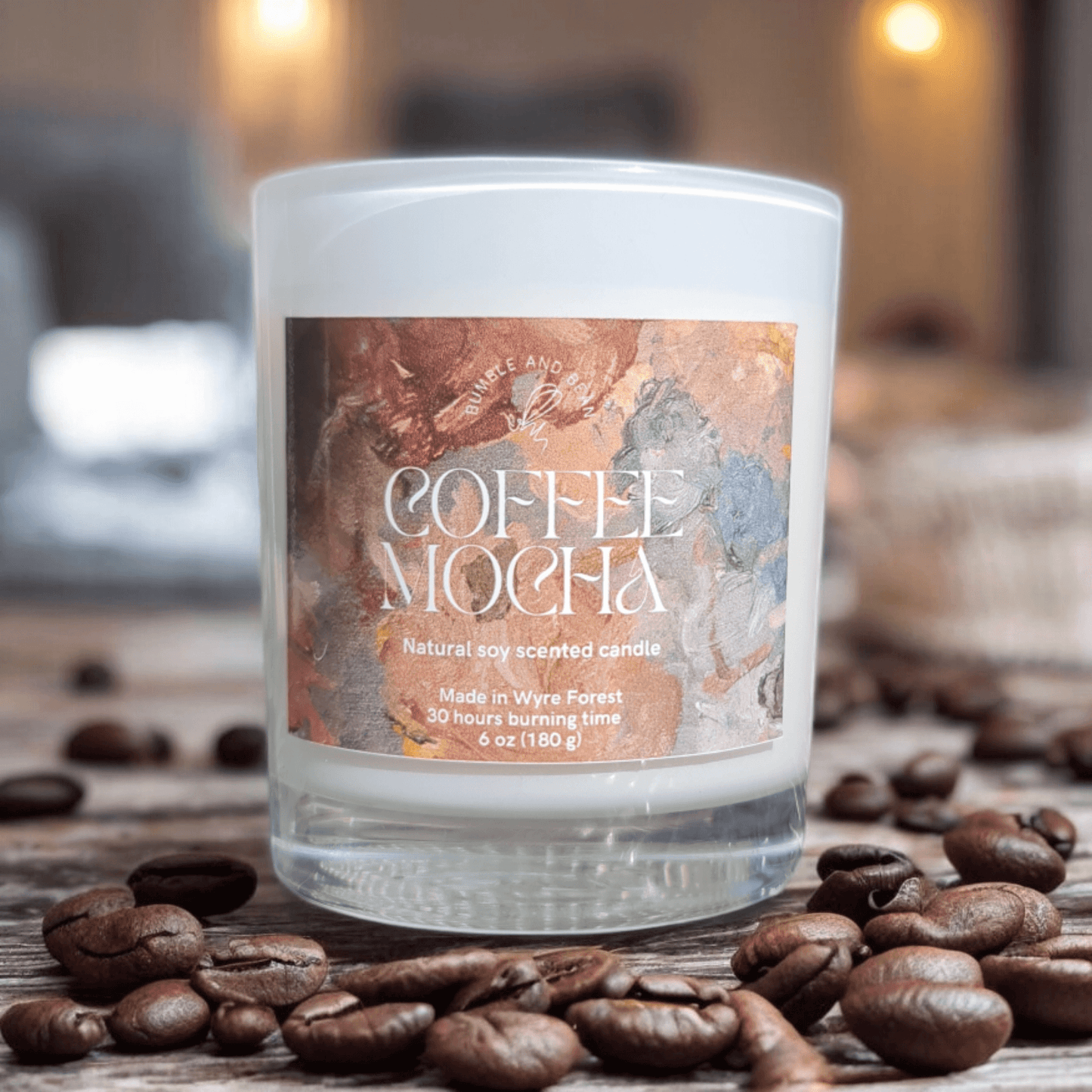 Close-up of Coffee Mocha candle with cotton wick and smooth natural wax