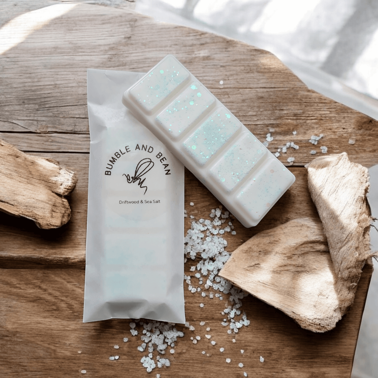Driftwood and sea salt wax melts with coastal-inspired décor