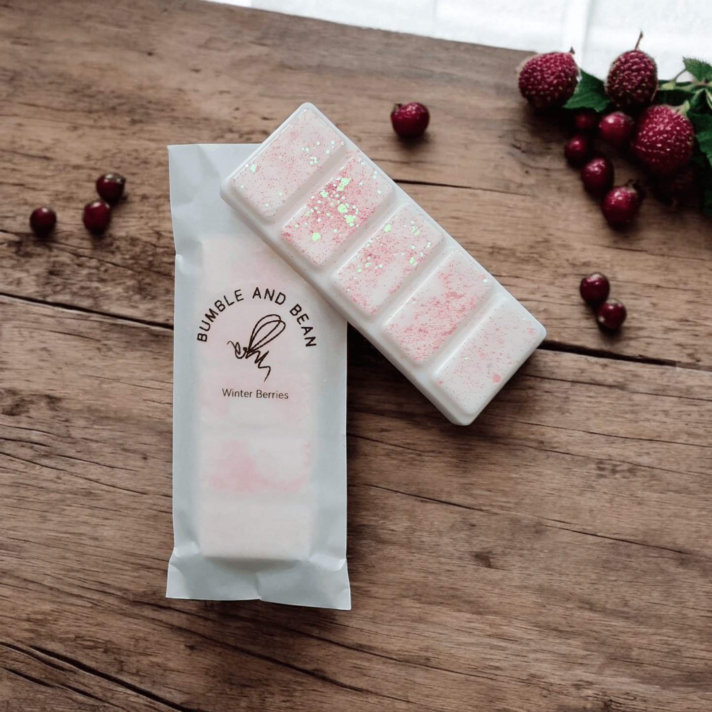 Winter Berries scented wax melt in biodegradable packaging for easy storage and use