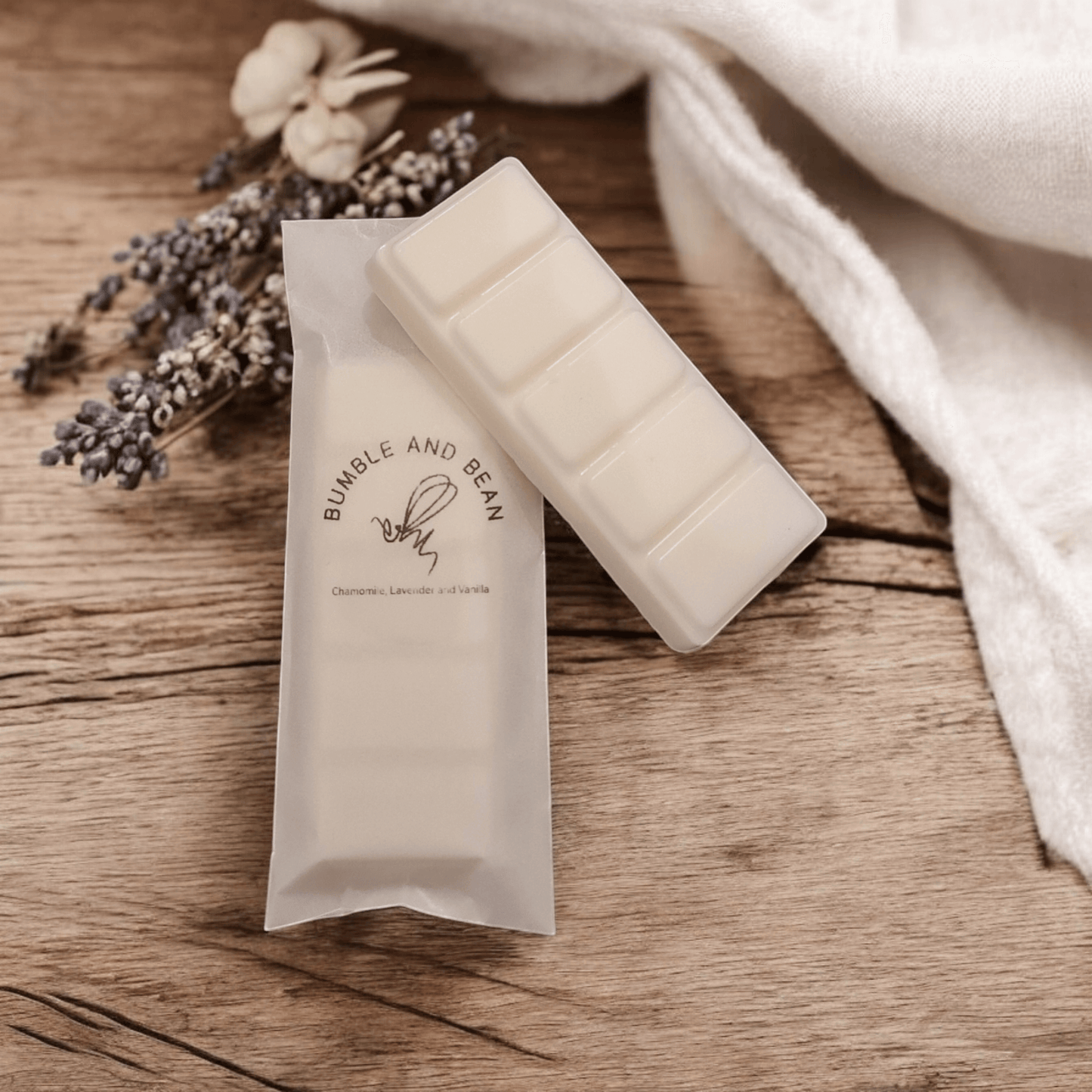 Chamomile, Lavender and Vanilla wax melt scented wax melt in biodegradable packaging for easy storage and use