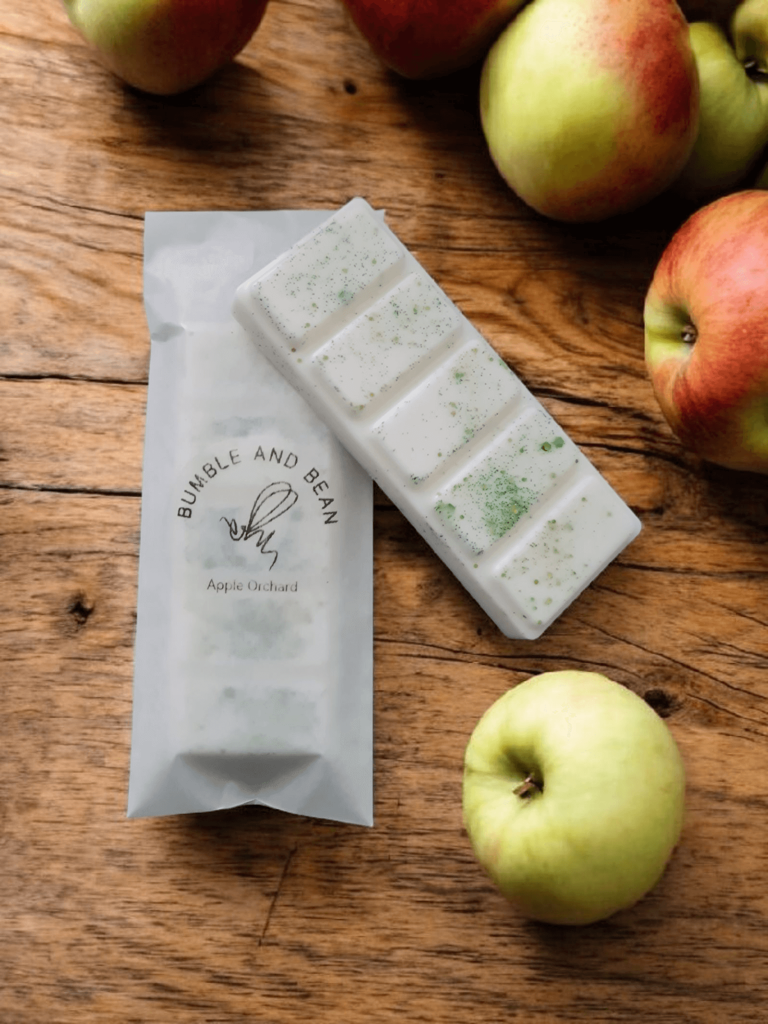 Apple scented wax melt in biodegradable packaging for easy storage and use