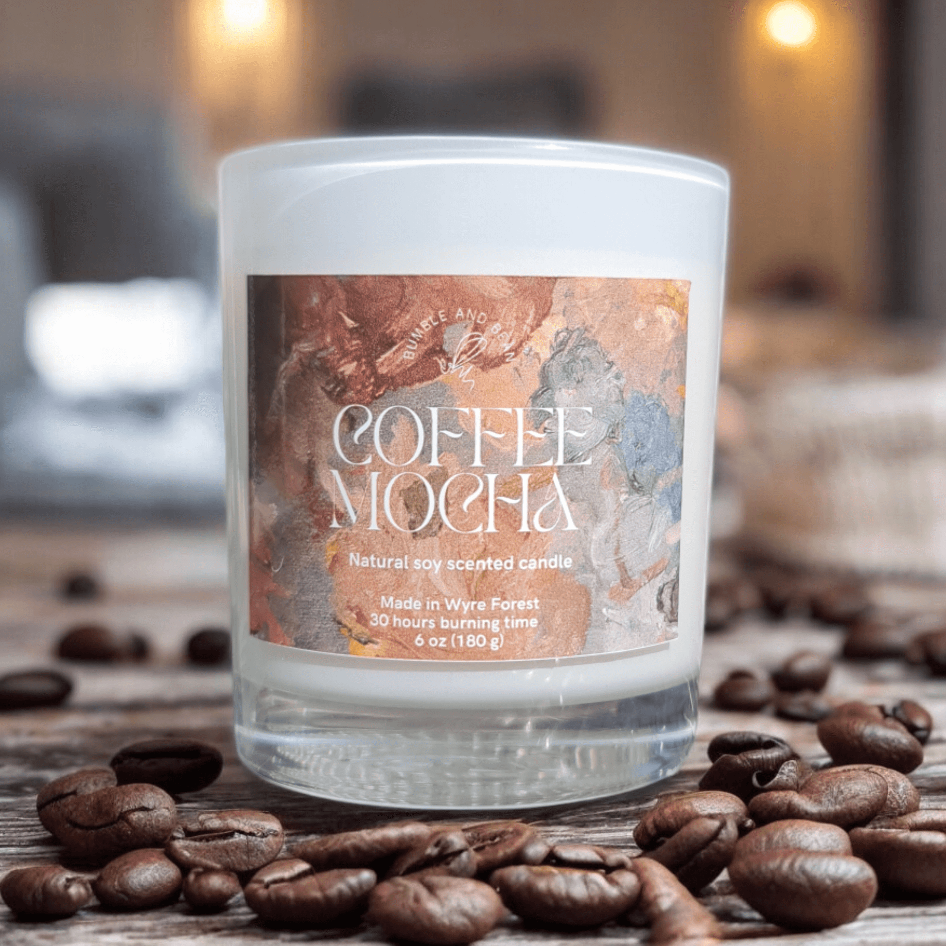 Close-up of Coffee Mocha candle with cotton wick and smooth natural wax